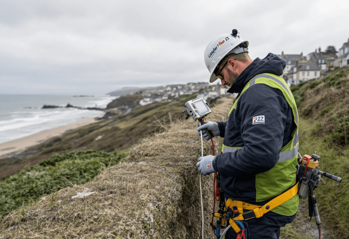 technicien installant la fibre près de la côte bretonne sous un ciel nuageux