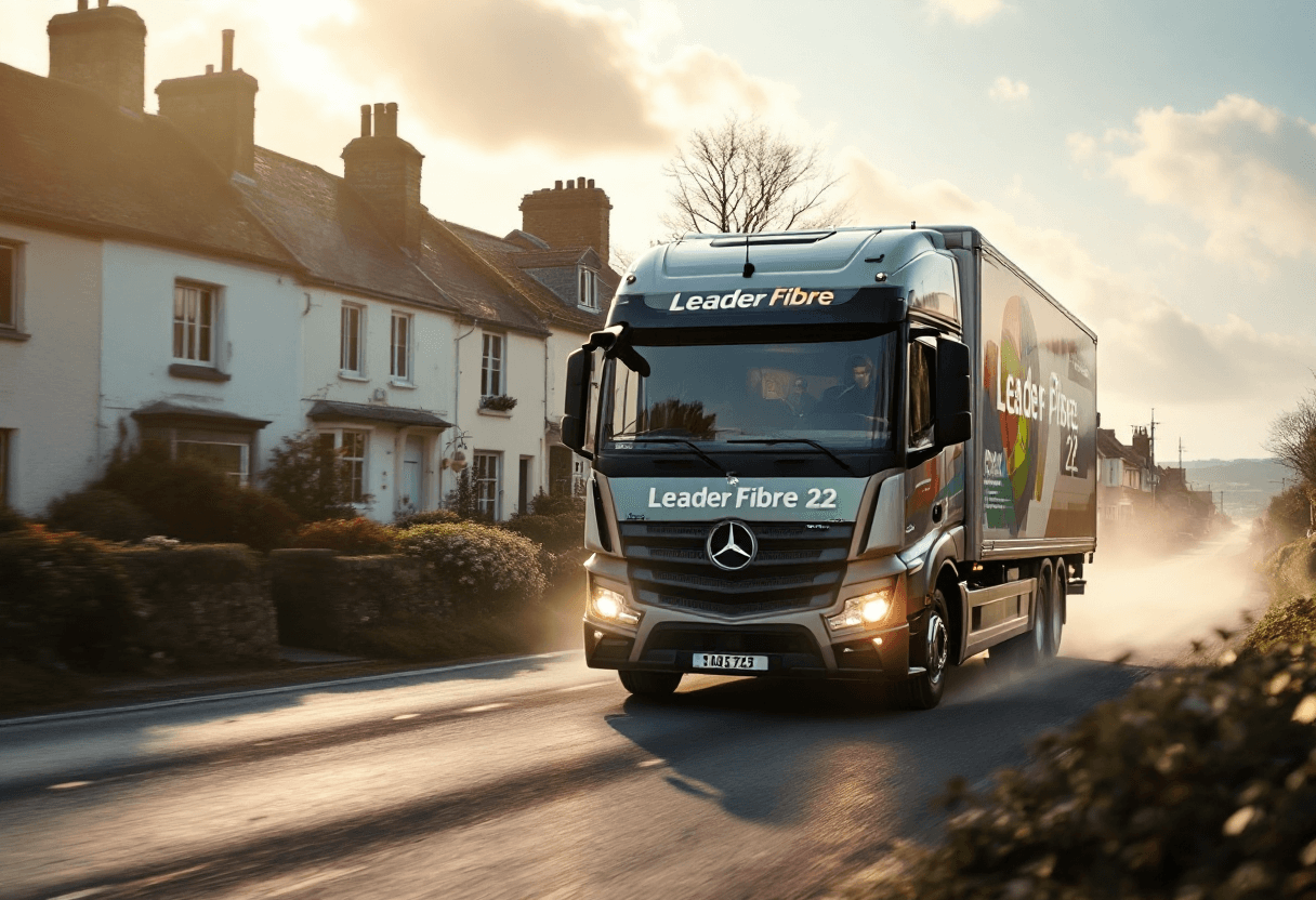 fourgon Leader Fibre 22 circulant dans une petite ville bretonne au lever du jour
